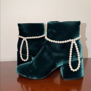 MM6 Maison Martin Margiela Green Velvet Ankle Boots with Pearl Accents